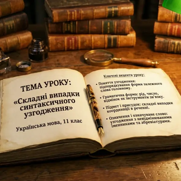 Відкрита книга із темою уроку 'Складні випадки синтаксичного узгодження' та ключовими акцентами уроку на дерев’яному столі зі старовинними книжками, ручкою та л