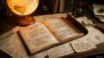 Відкрита книга з написами про рід незмінюваних іменників на старовинному столі з глобусом і лупою
