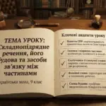 Відкрита книга з темою уроку української мови 9 класу про складнопідрядне речення, його будову і зв’язки між частинами.