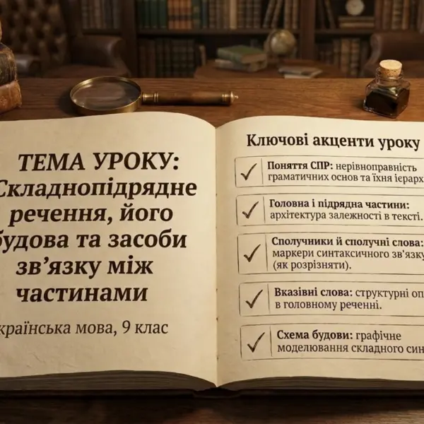 Відкрита книга з темою уроку української мови 9 класу про складнопідрядне речення, його будову і зв’язки між частинами.
