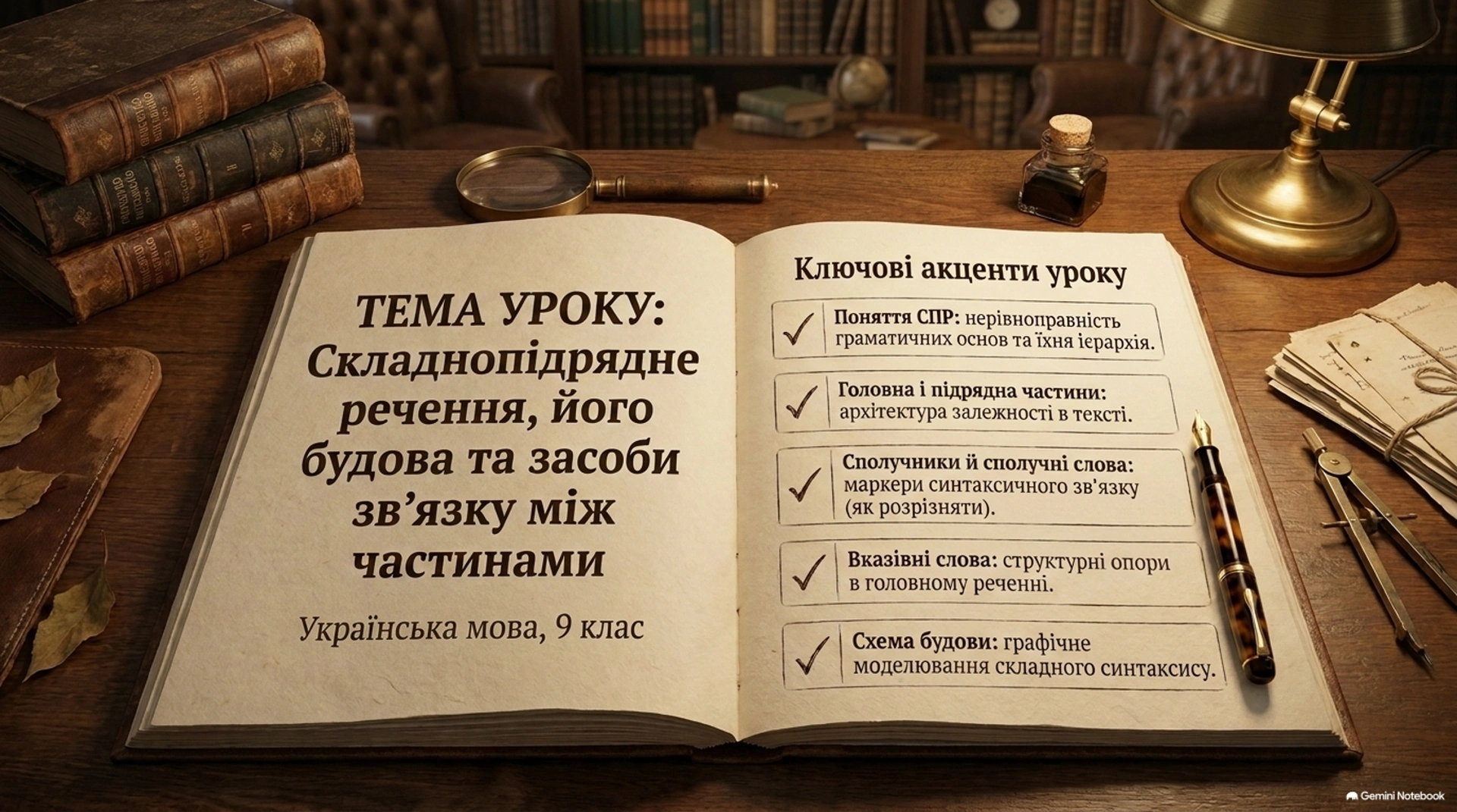 Складнопідрядне речення 1 Відкрита книга з темою уроку української мови 9 класу про складнопідрядне речення, його будову і зв’язки між частинами.
