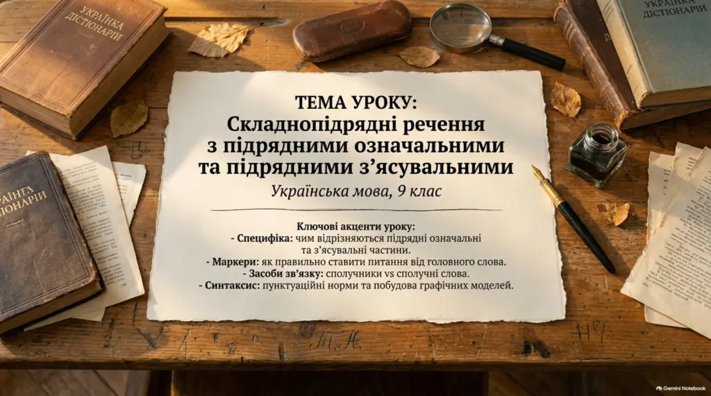 Аркуш з темою уроку з української мови про складнопідрядні речення з підрядними означальними та з'ясувальними на дерев'яному столі з книгами і ручкою