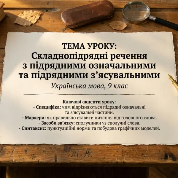Аркуш з темою уроку з української мови про складнопідрядні речення з підрядними означальними та з'ясувальними на дерев'яному столі з книгами і ручкою