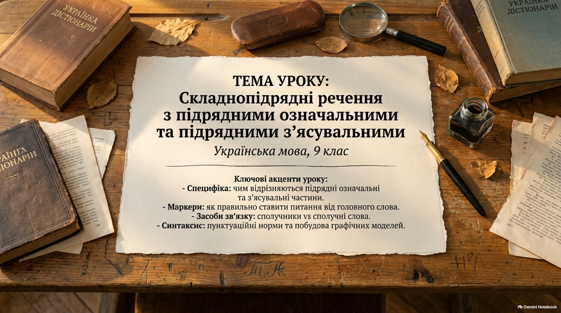 Складнопідрядні речення з підрядними означальними та підрядними з ясувальними 1 Аркуш з темою уроку з української мови про складнопідрядні речення з підрядними означальними та з'ясувальними на дерев'яному столі з книгами і ручкою