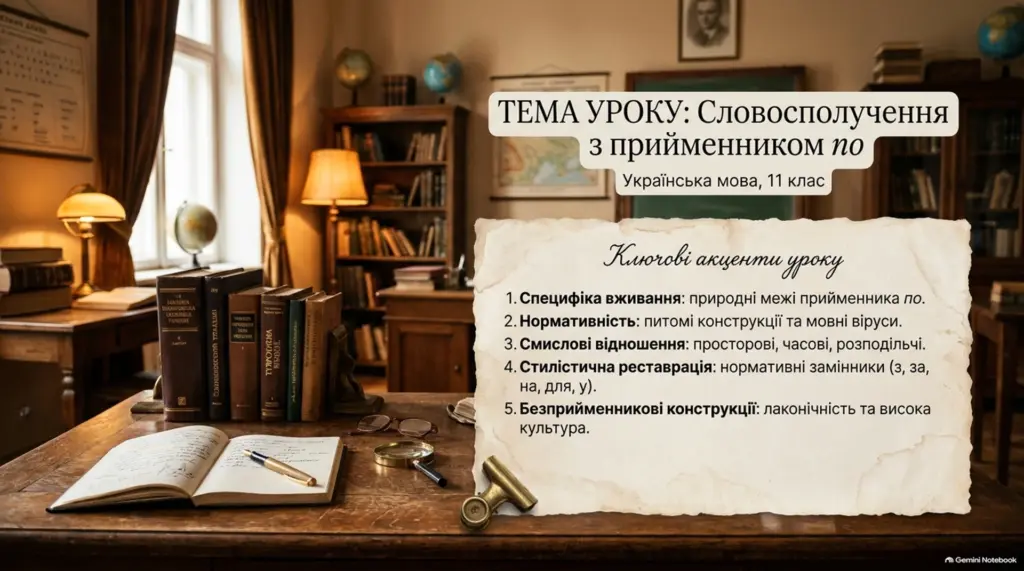 Слайд презентації про словосполучення з прийменником по в українській мові для 11 класу з ключовими акцентами уроку