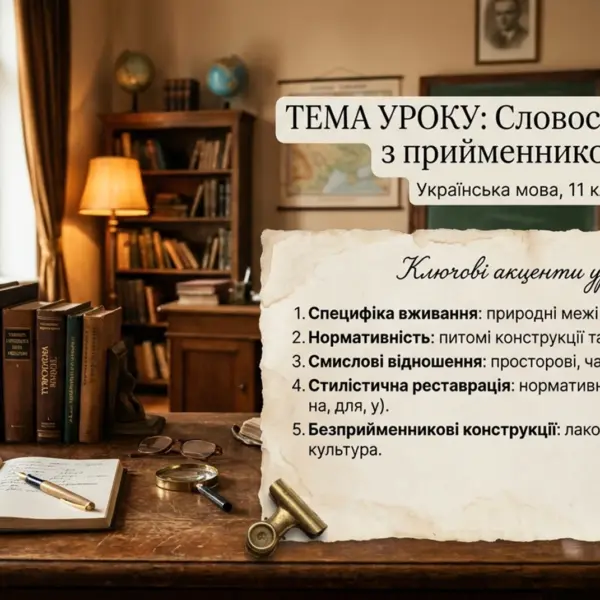 Слайд презентації про словосполучення з прийменником по в українській мові для 11 класу з ключовими акцентами уроку