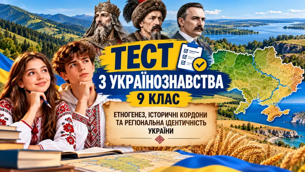 Двоє підлітків в українських вишиванках, історичні постаті, карта України кольорова на тлі природи, пшеничне поле і український прапор.