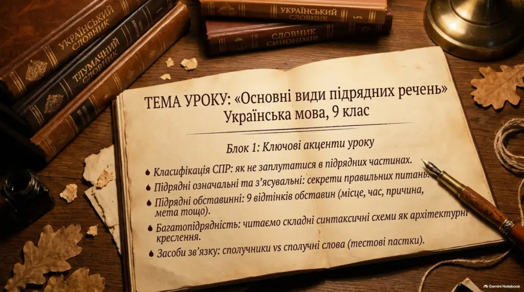 Тема уроку з української мови 9 класу «Основні види підрядних речень» на сторінці з ручкою, чорнилом та словниками.
