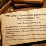 Тема уроку з української мови 9 класу «Основні види підрядних речень» на сторінці з ручкою, чорнилом та словниками.