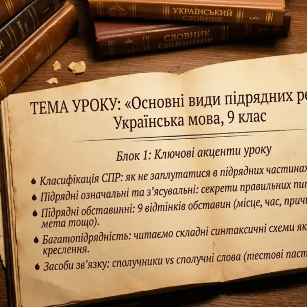 Тема уроку з української мови 9 класу «Основні види підрядних речень» на сторінці з ручкою, чорнилом та словниками.