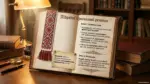 Відкрита книга з навчальним текстом про підрядні означальні речення з українським орнаментом та освітленням лампи.