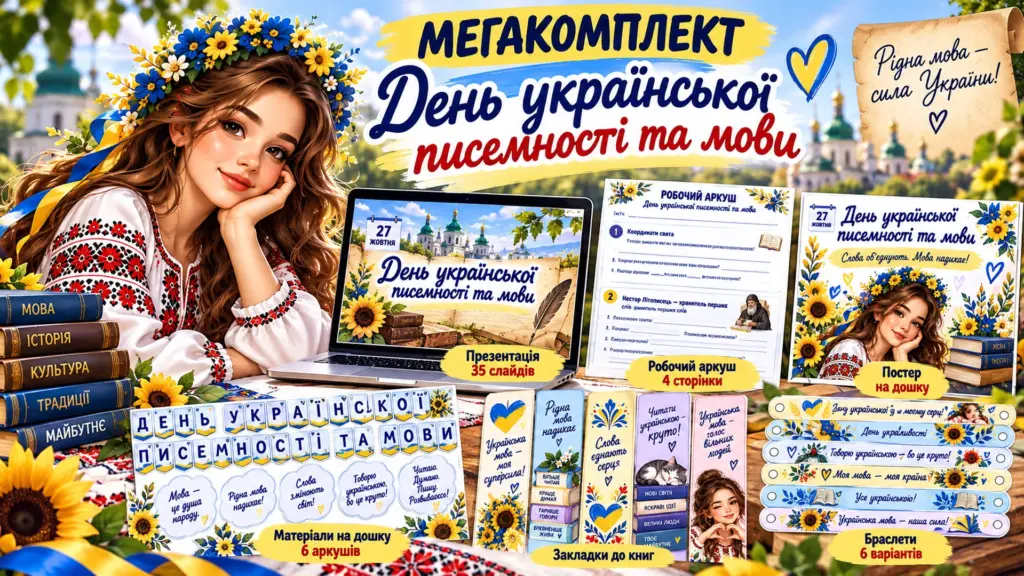 Ілюстрація комплекту матеріалів до Дня української писемності та мови з зображенням дівчини у вишиванці, книгами, ноутбуком і навчальними аркушами.