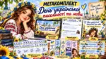 Ілюстрація комплекту матеріалів до Дня української писемності та мови з зображенням дівчини у вишиванці, книгами, ноутбуком і навчальними аркушами.