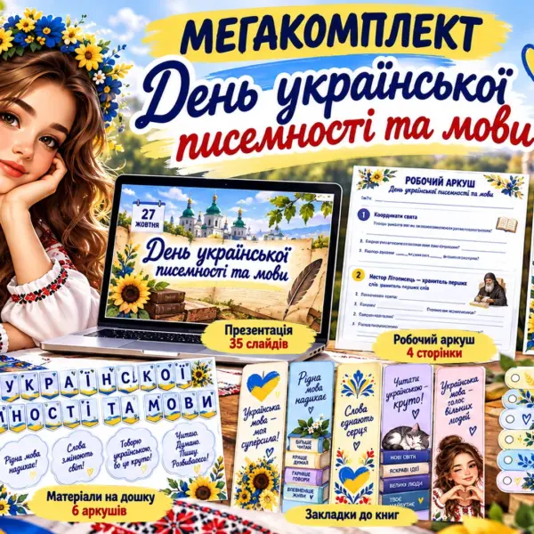 Ілюстрація комплекту матеріалів до Дня української писемності та мови з зображенням дівчини у вишиванці, книгами, ноутбуком і навчальними аркушами.
