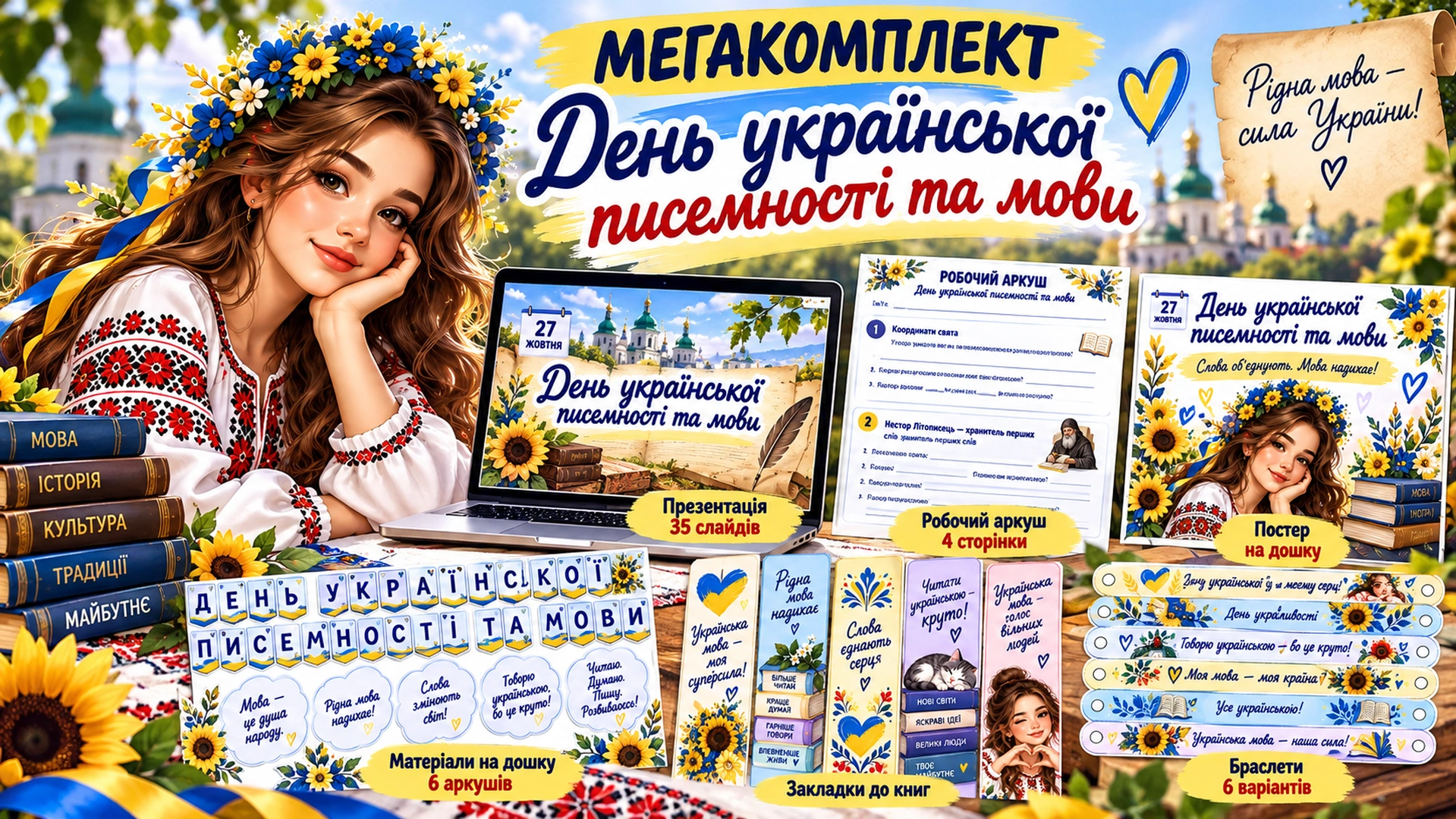 Виховна година до Дня української мови Ілюстрація комплекту матеріалів до Дня української писемності та мови з зображенням дівчини у вишиванці, книгами, ноутбуком і навчальними аркушами.