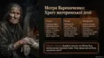 Портрет старшої жінки з брудними руками у темному одязі на фоні печі, що ілюструє образ Мотрі Варениченко з роману