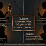 Силуети чотирьох жінок з роману «Хіба ревуть воли, як ясла повні?» із підписами їхніх рис