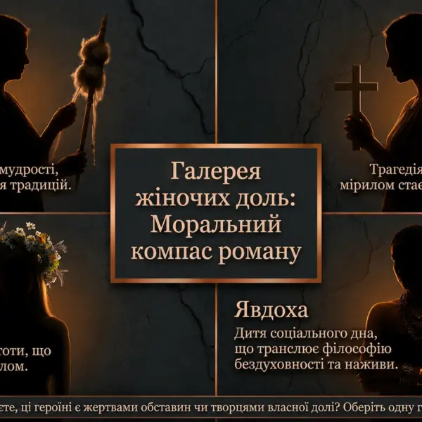 Силуети чотирьох жінок з роману «Хіба ревуть воли, як ясла повні?» із підписами їхніх рис