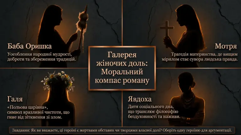 Силуети чотирьох жінок з роману «Хіба ревуть воли, як ясла повні?» із підписами їхніх рис