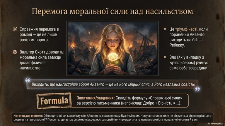 Ілюстрація дівчини з білою трояндою на тлі битви, цитата про моральну силу Айвенго з презентації про перемогу добра над насильством.