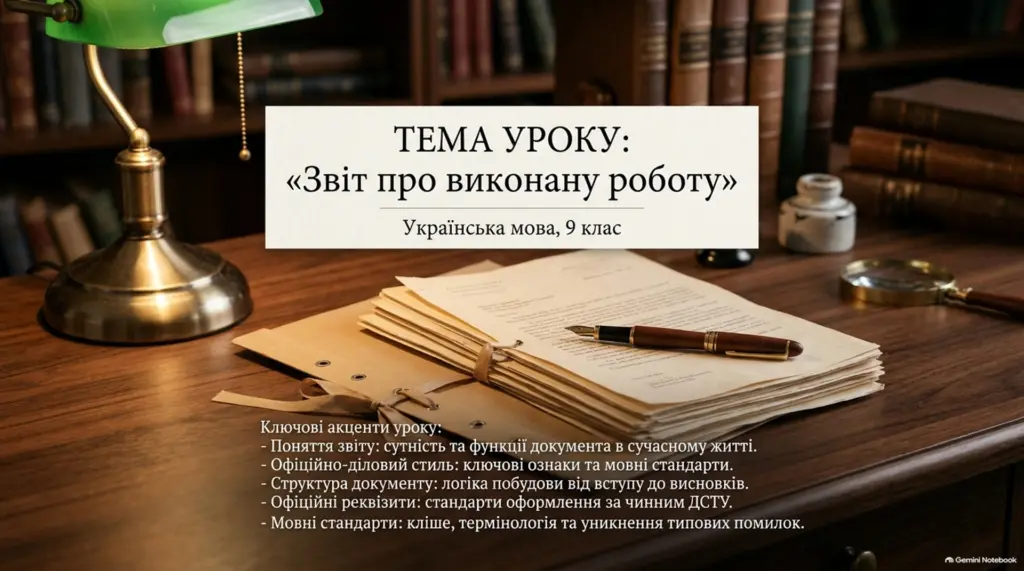 Тема уроку Звіт про виконану роботу, українська мова, 9 клас, документи і офіційний стиль на дерев’яному столі з книгами на фоні