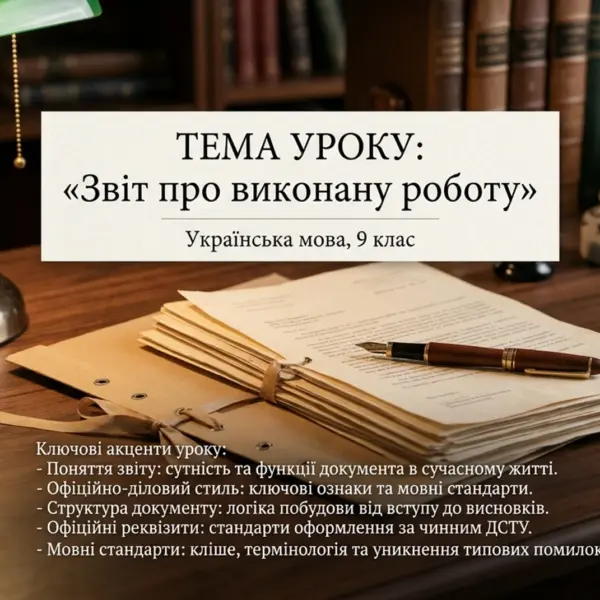 Тема уроку Звіт про виконану роботу, українська мова, 9 клас, документи і офіційний стиль на дерев’яному столі з книгами на фоні