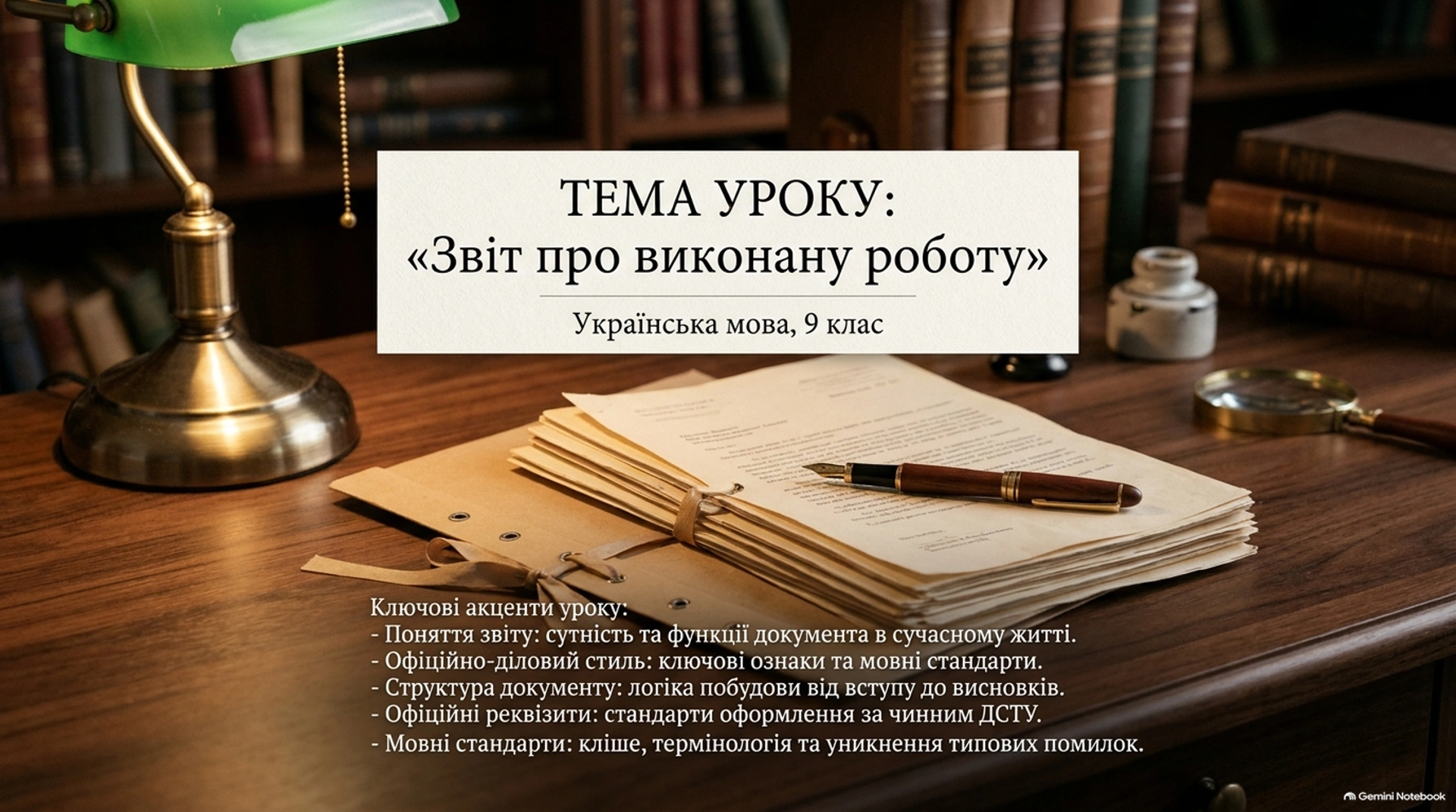Звіт про виконану роботу 1 Тема уроку Звіт про виконану роботу, українська мова, 9 клас, документи і офіційний стиль на дерев’яному столі з книгами на фоні